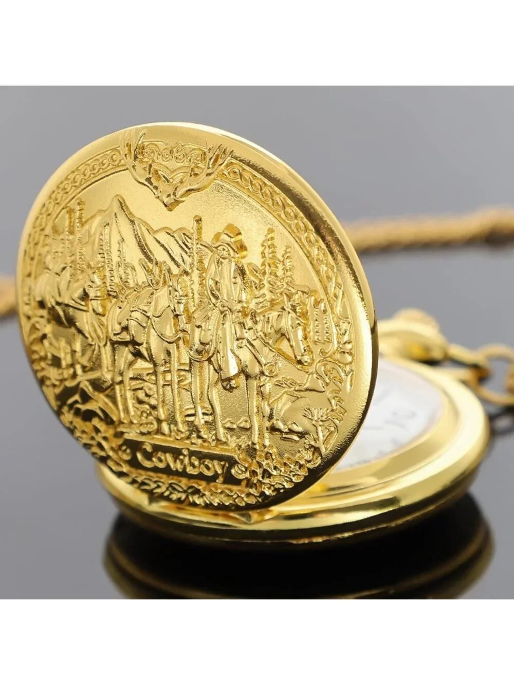 Men's Gold Analog Quartz Arabic Numerals Engraved Cowboy Vintage Pocket Watch